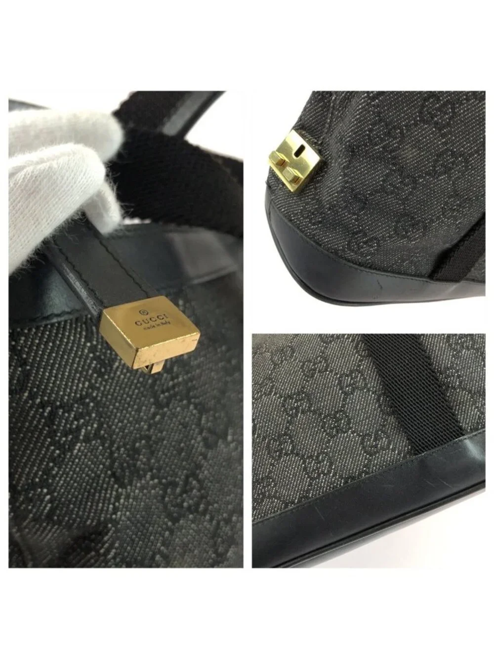Gucci Black Gold GG Canvas Leather Handle Tote Bag